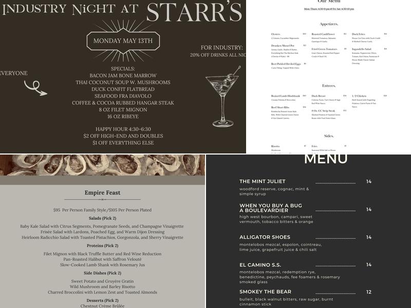Starr's Restaurant Menu