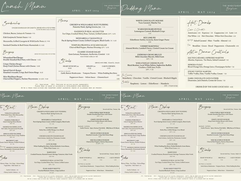 The Wheatsheaf Pub, Kitchen & Rooms Menu