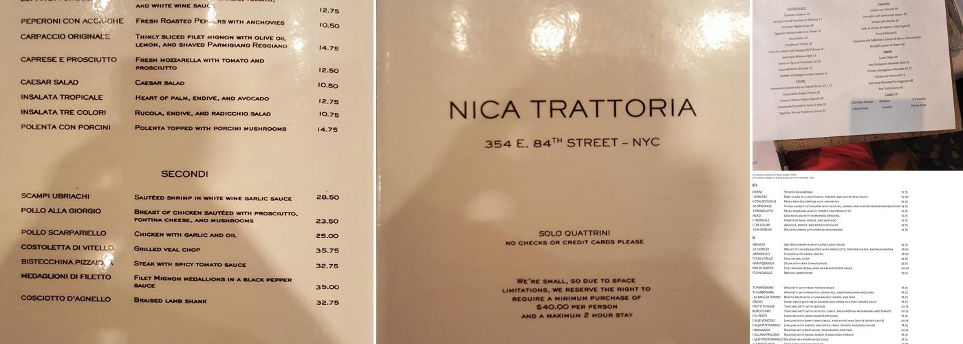 Nica Trattoria Menu