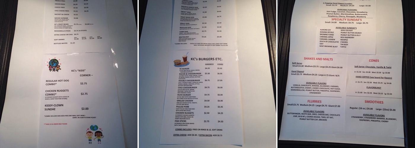 K C's Kones & Coneys Menu