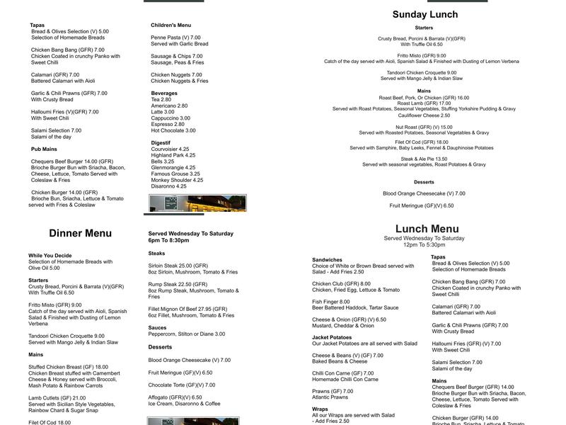 The Chequers Inn Menu