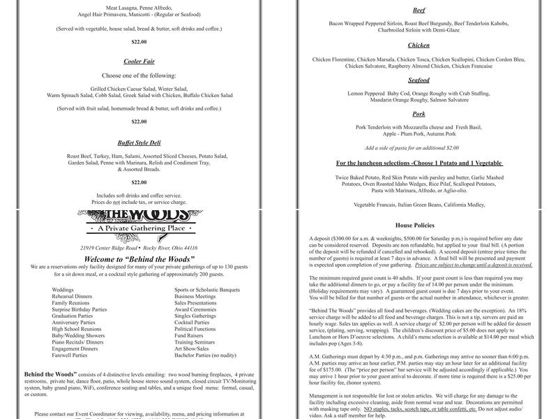 The Woods Restaurant and Lounge Menu