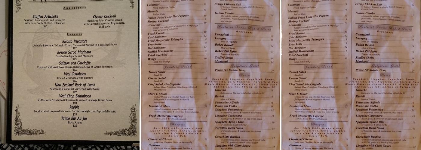 Coppola's La Fantasia Menu