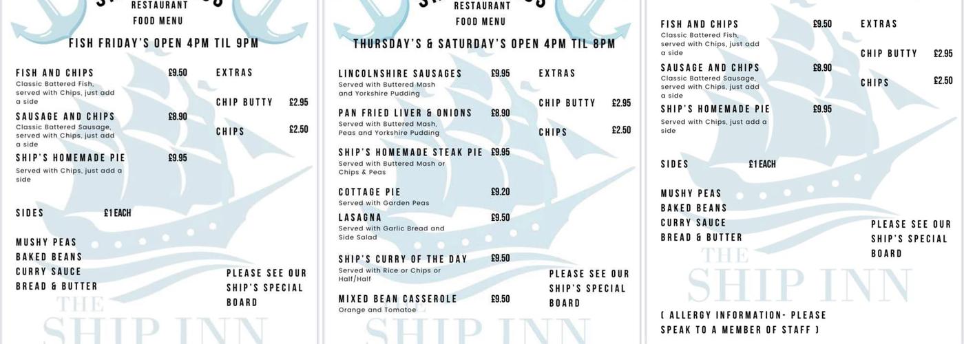 The Ship Inn Menu