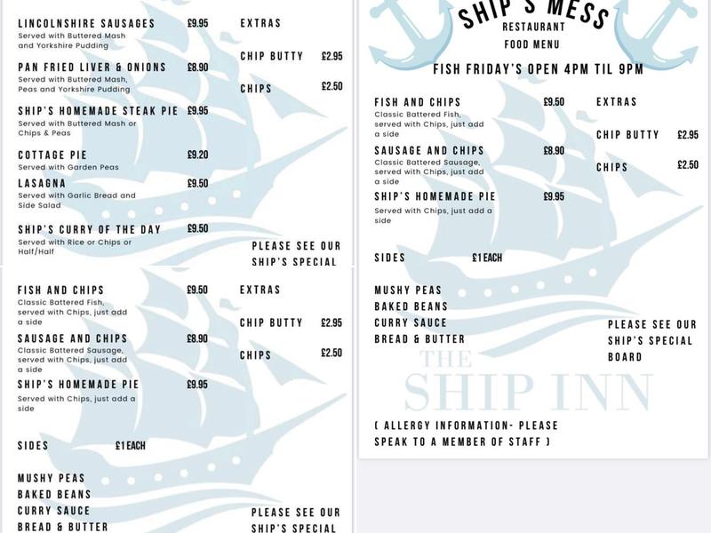 The Ship Inn Menu