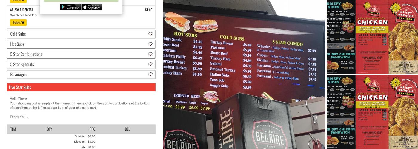 Five Star Subs Menu