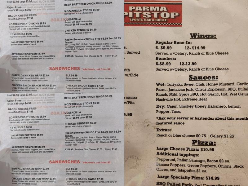Parma Pit Stop Menu