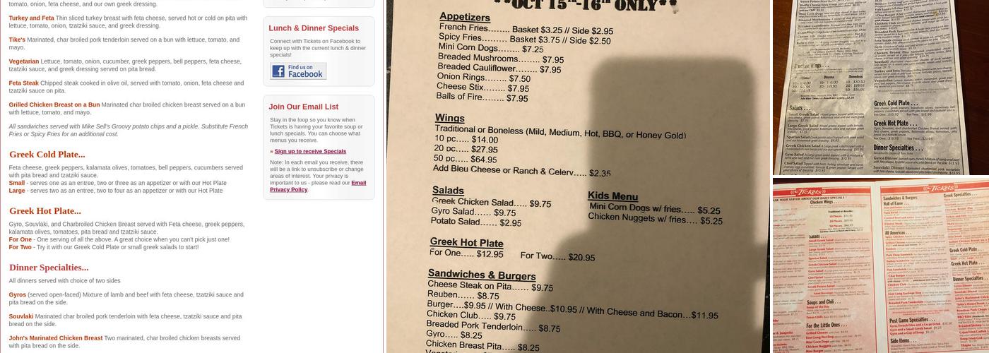 Tickets Pub & Eatery Menu