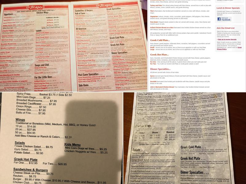 Tickets Pub & Eatery Menu