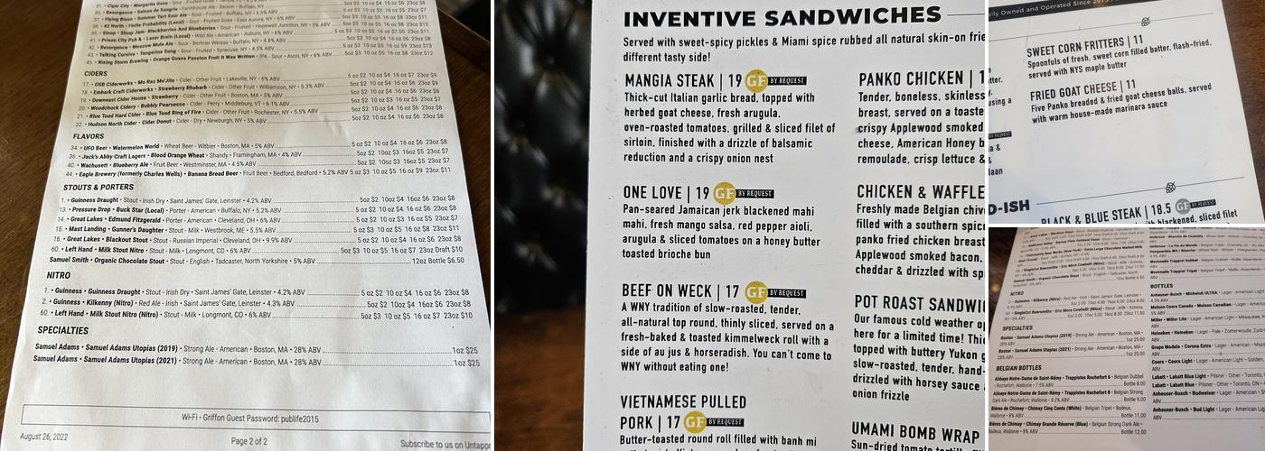 The Griffon Gastropub Menu