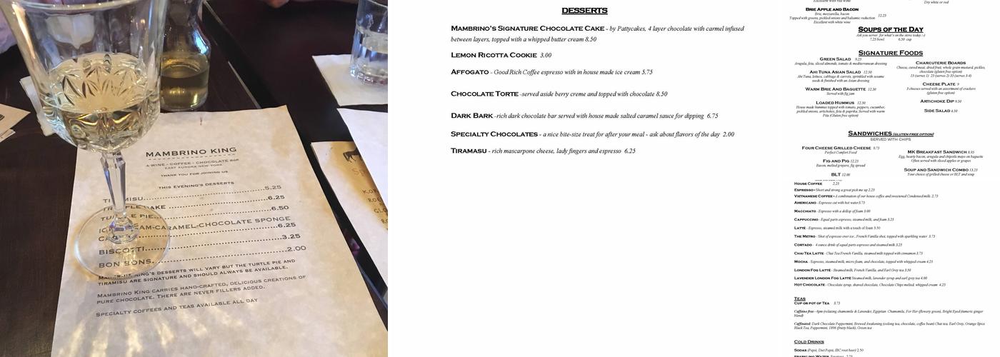 Mambrino King Wine Coffee Chocolate Café Menu