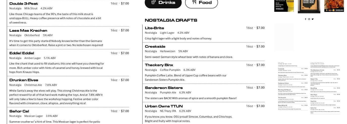 Nostalgia Brewing Menu