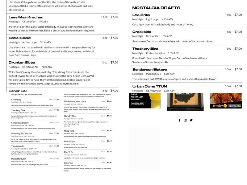 Nostalgia Brewing Menu
