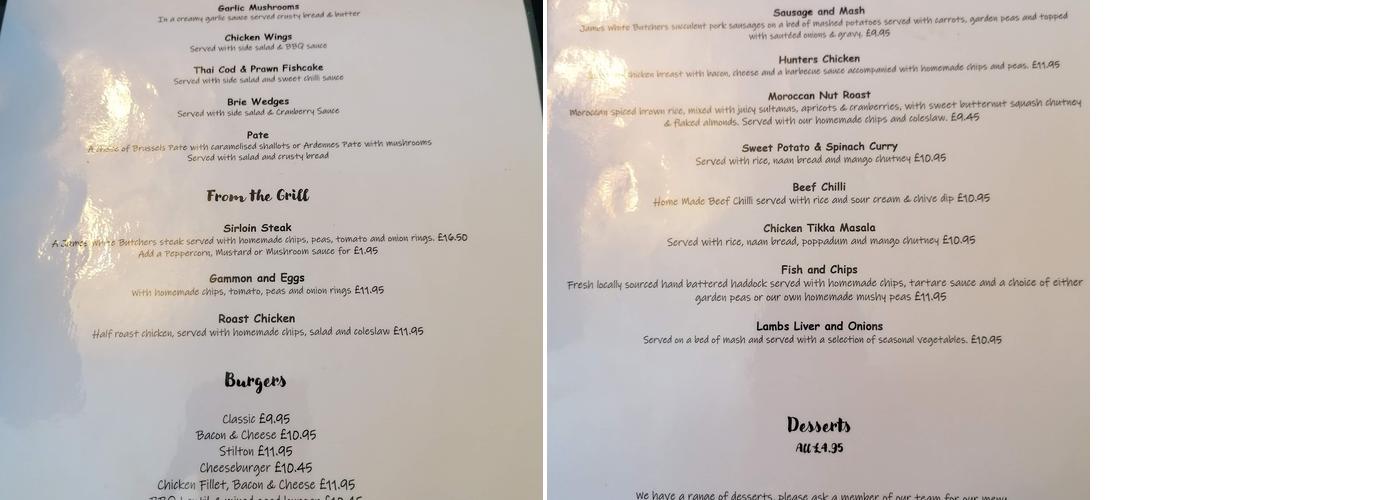 The Blue Post Inn Menu