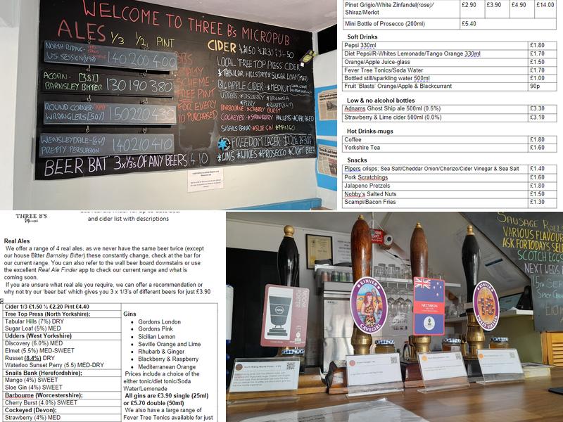 Three Bs Micropub Menu