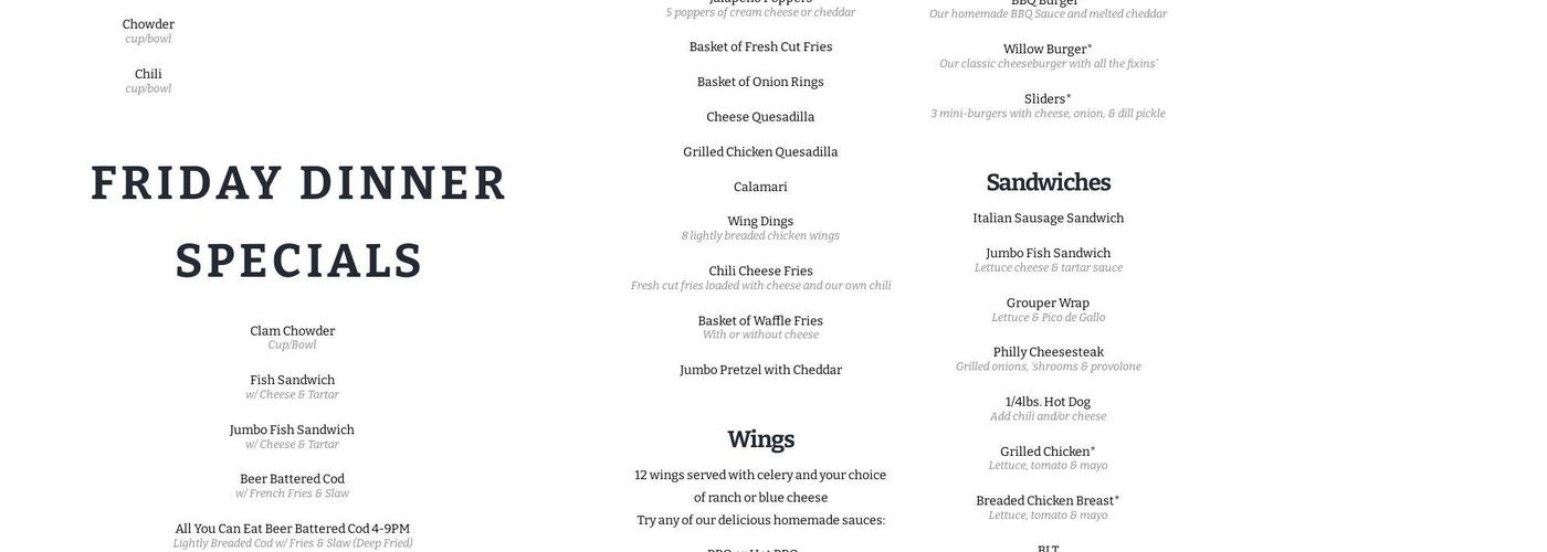 Blue Willow Lounge Menu