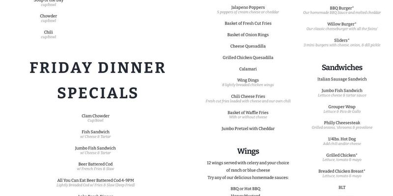 Blue Willow Lounge Menu