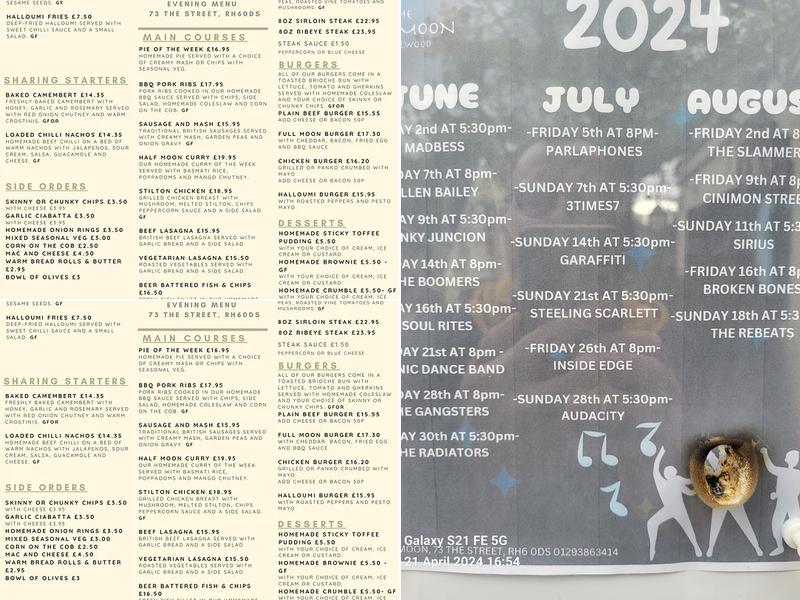 The Half Moon Menu