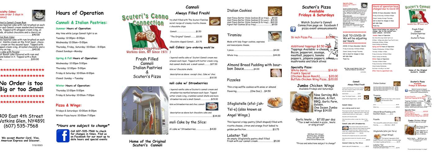 Scuteri's Cannoli Connection Menu