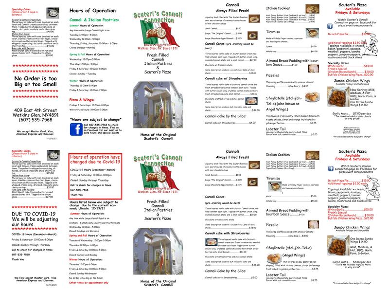 Scuteri's Cannoli Connection Menu