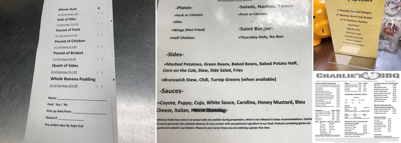 Charlie's Barbeque Menu