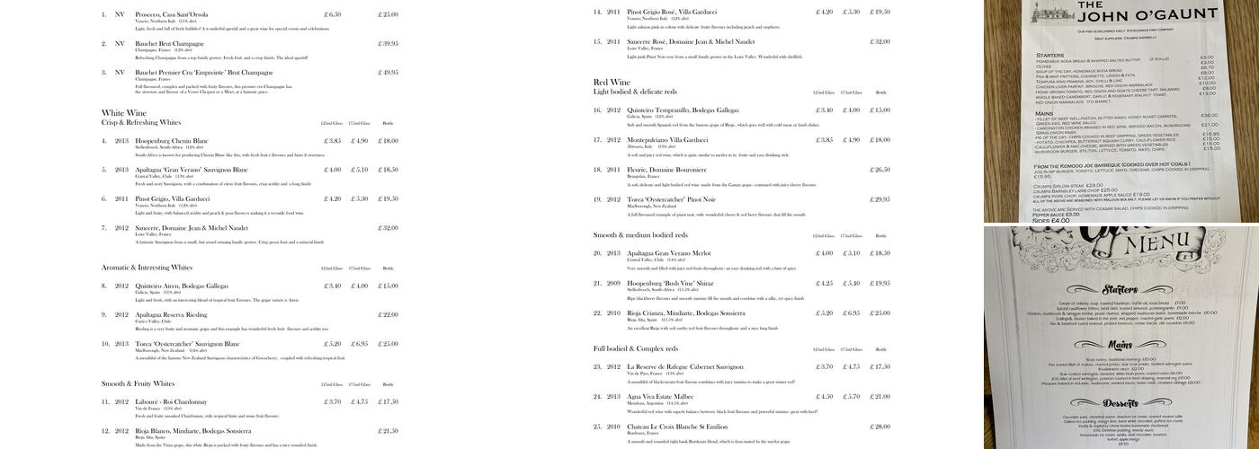 John O'Gaunt Inn Menu