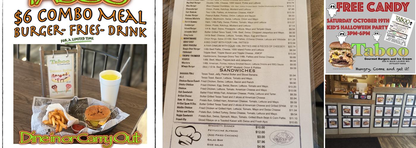 Taboo Grill Gourmet Burgers and Ice Cream. Menu