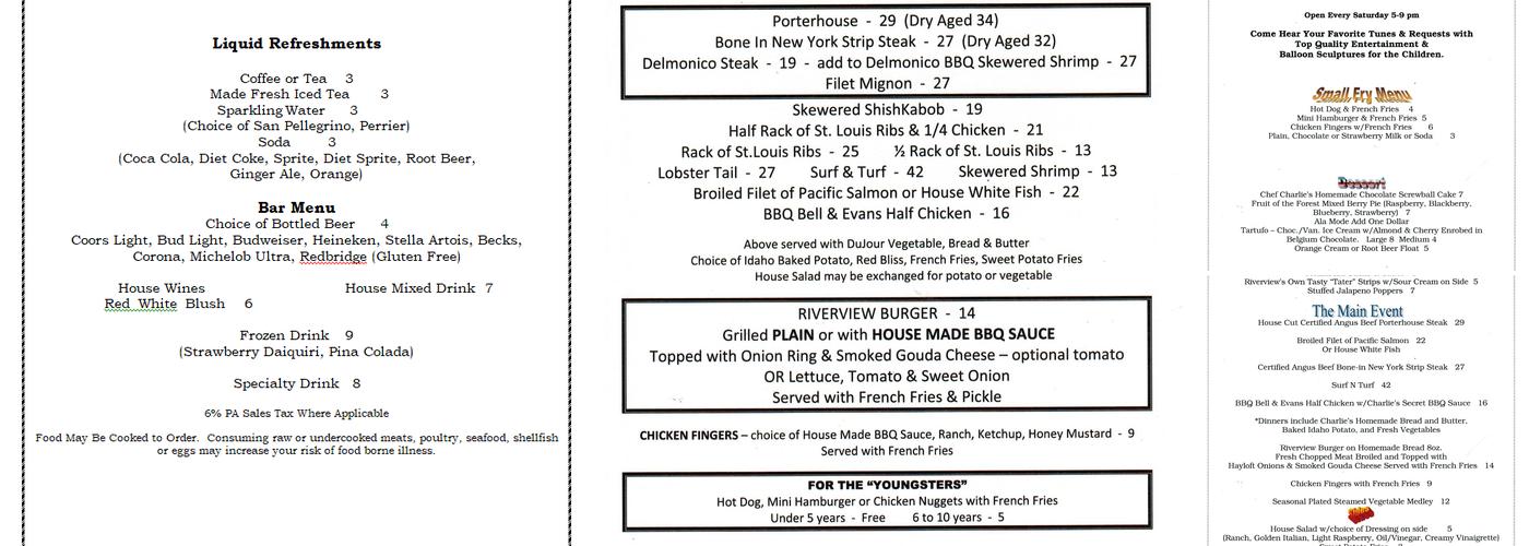 Riverview Inn Menu