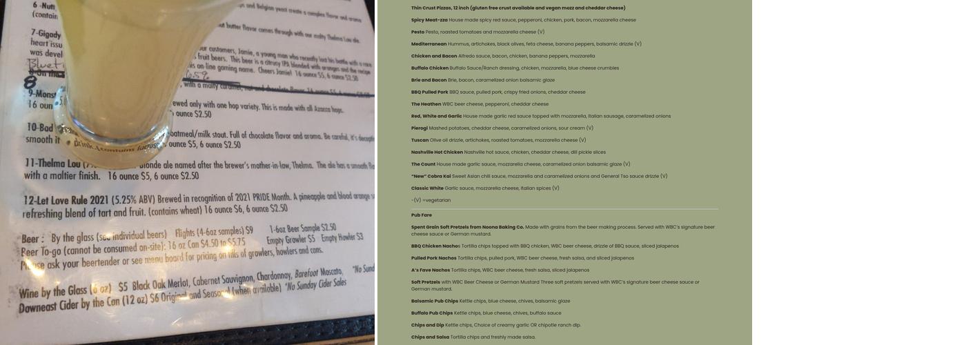 Wadsworth Brewing Company Menu