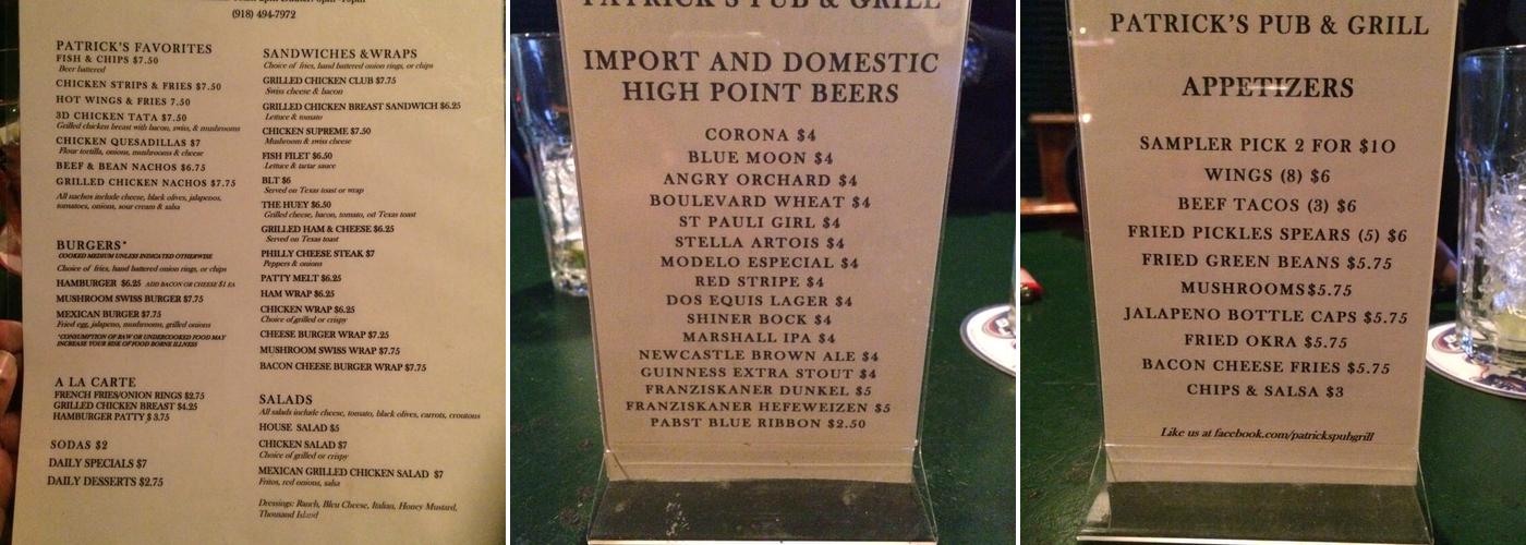 Patrick's Menu