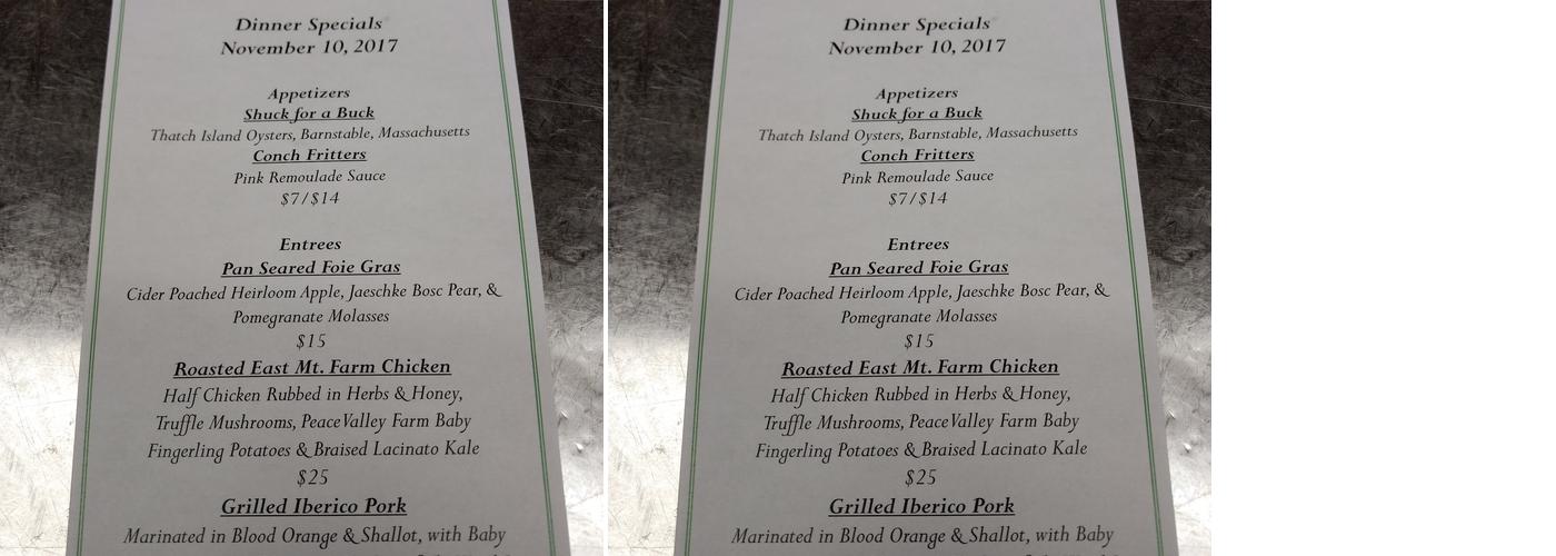 The Orchards Hotel Menu