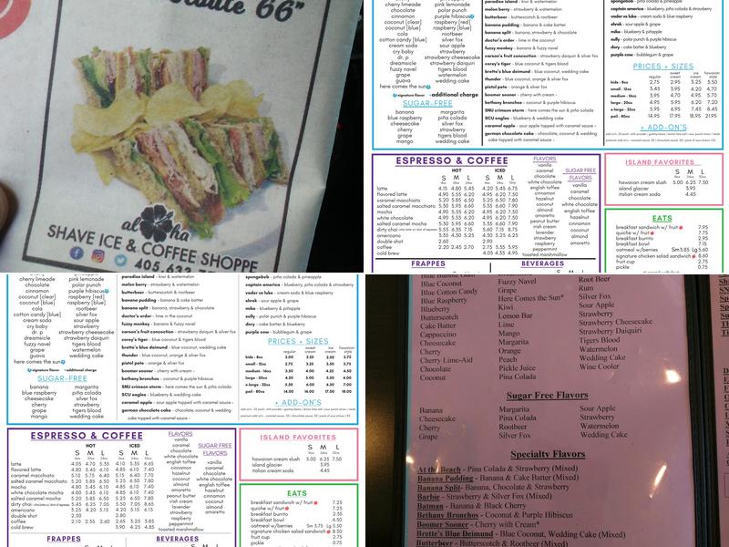 Aloha Shave Ice and Coffee Shoppe Menu