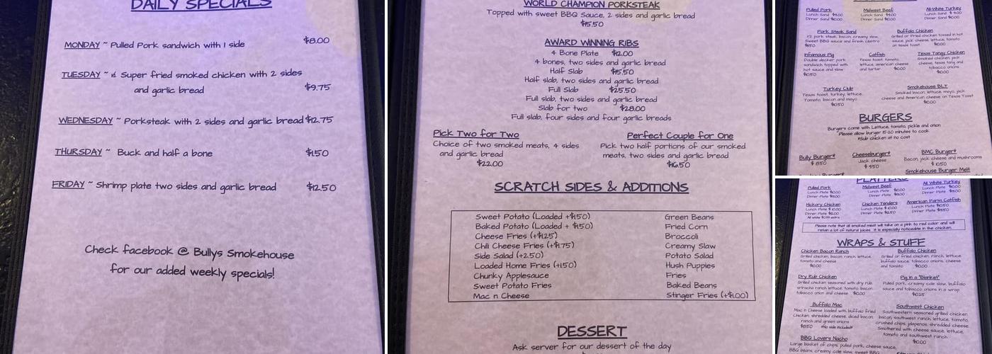 Bully's Smokehouse Menu