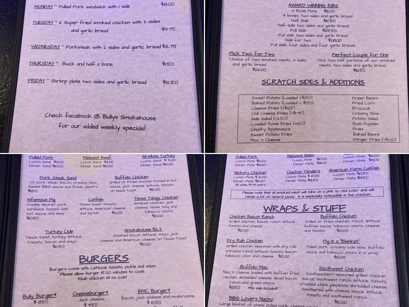 Bully's Smokehouse Menu