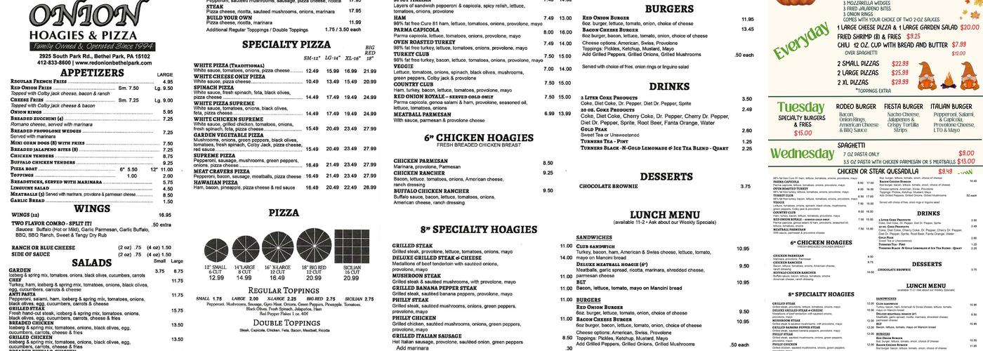 Red Onion Hoagies & Pizza Menu
