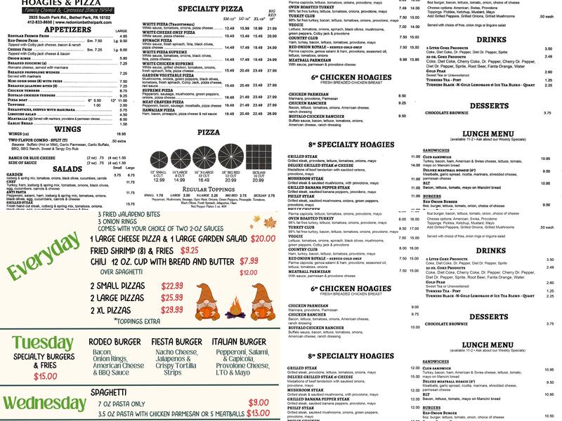 Red Onion Hoagies & Pizza Menu