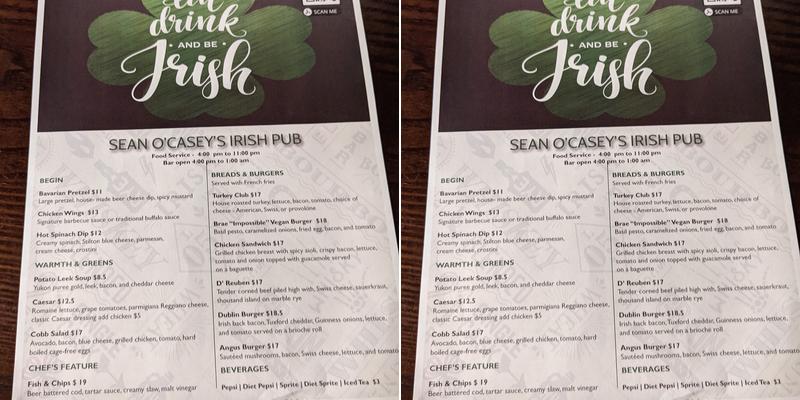 Sean O'Casey's Irish Pub Menu