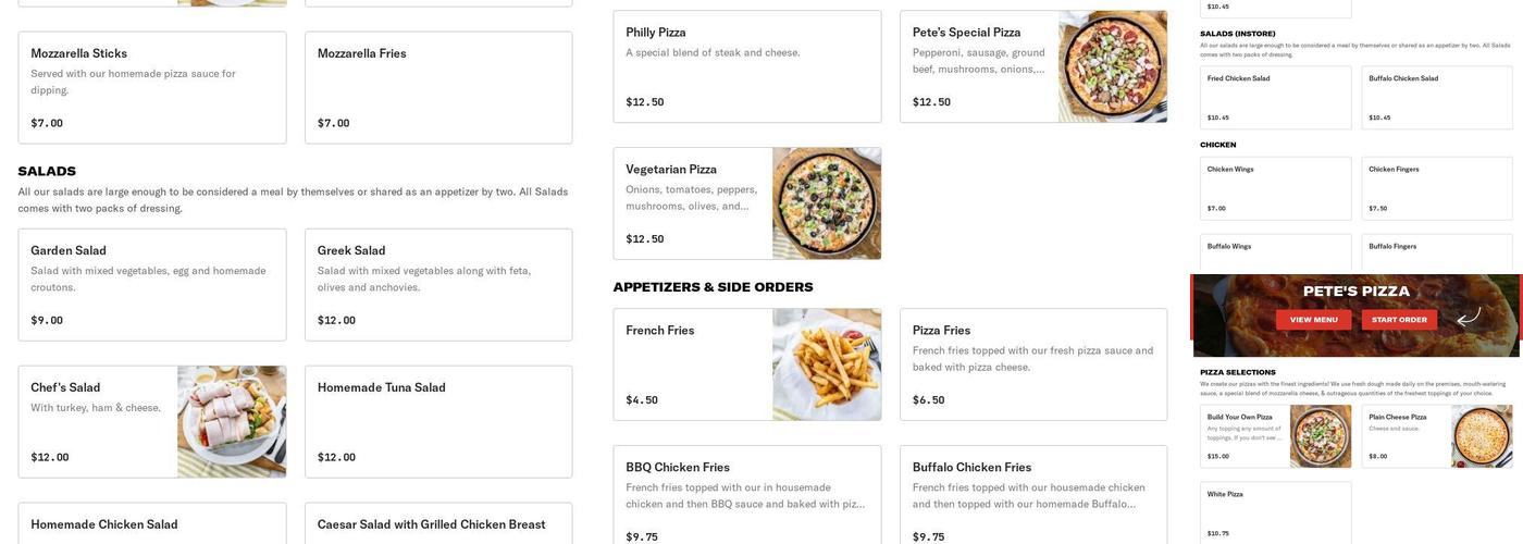 Pete's Pizza Menu