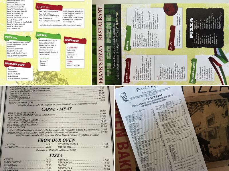 Frank's Pizza Menu