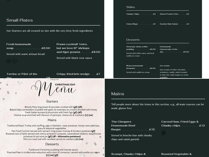 The Chequers Menu