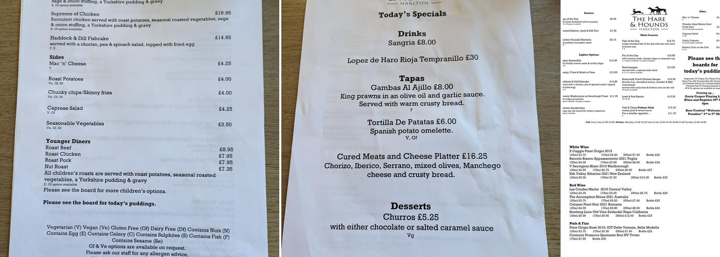 The Hare & Hounds Menu