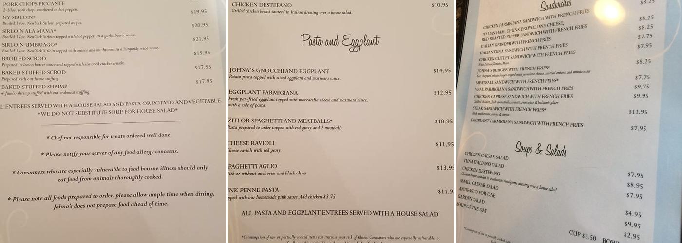 Johna's ITALIAN Restaurant Menu