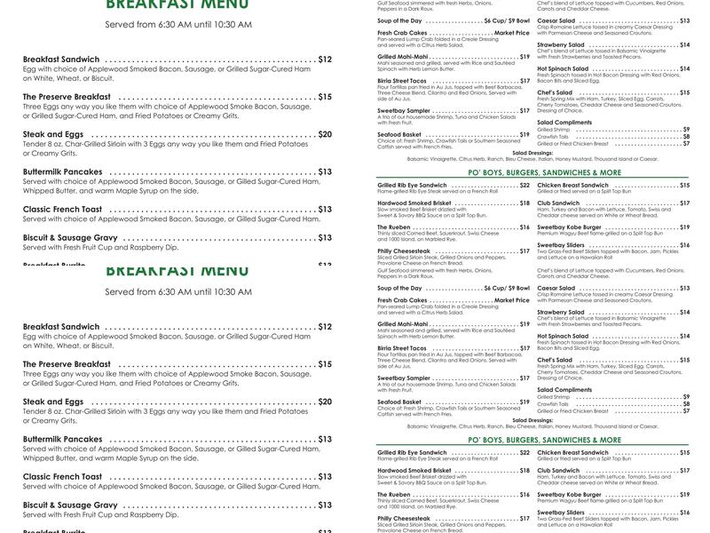 Sweet Bay Restaurant Menu