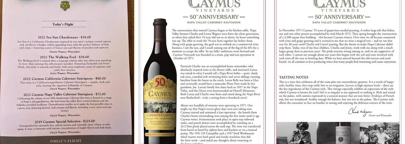 Caymus Vineyards Menu