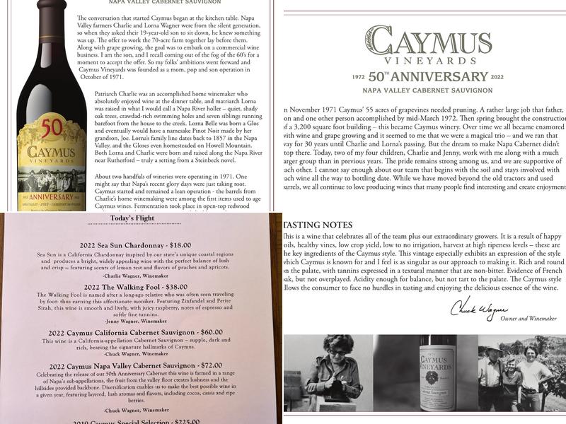 Caymus Vineyards Menu