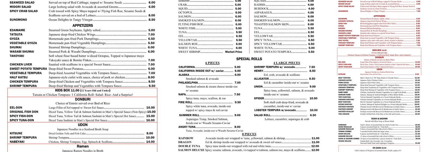 Mari's Japanese Cuisine Menu