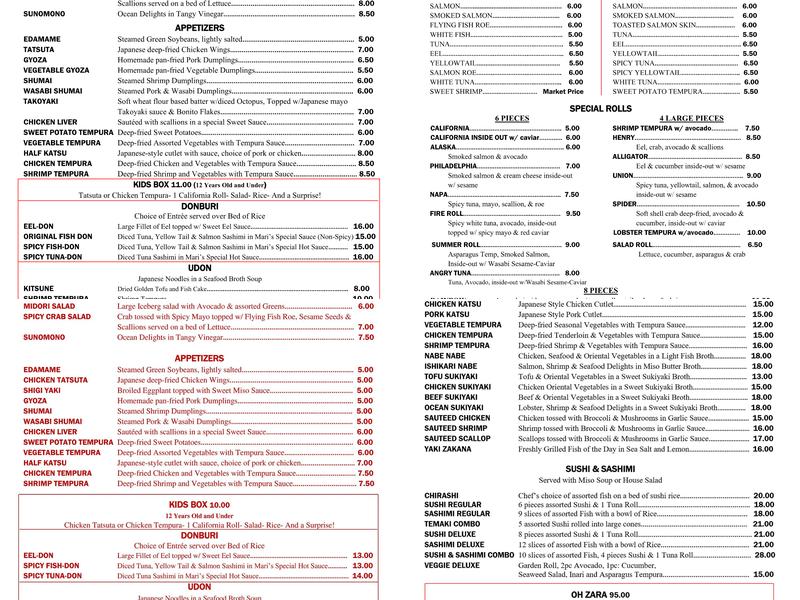Mari's Japanese Cuisine Menu