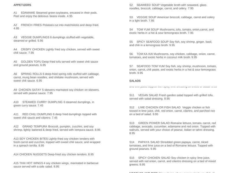 Thai Vegan Restaurant Menu