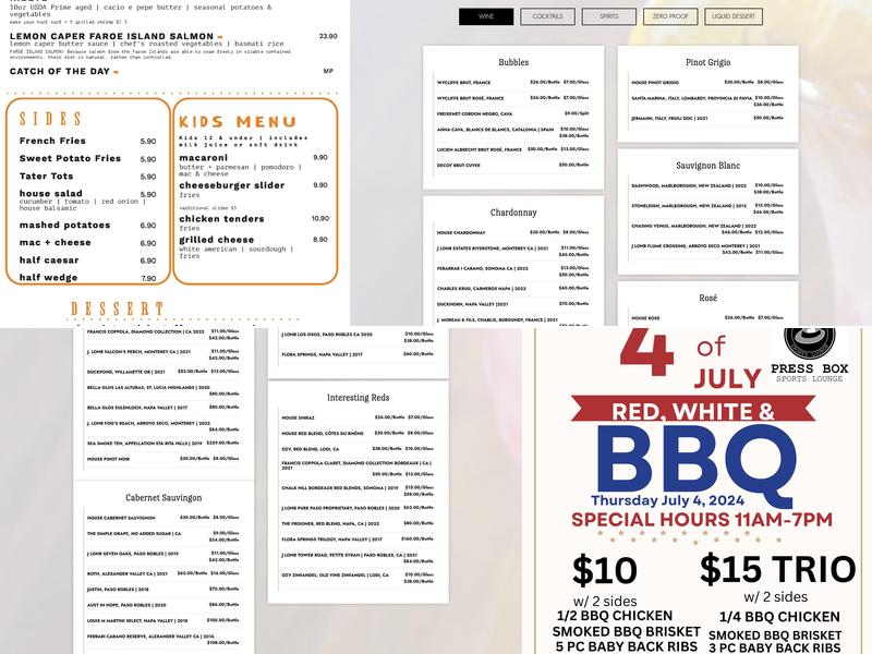 Press Box Sports Lounge Menu