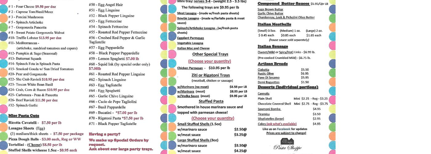 The Village Pasta Shoppe Menu